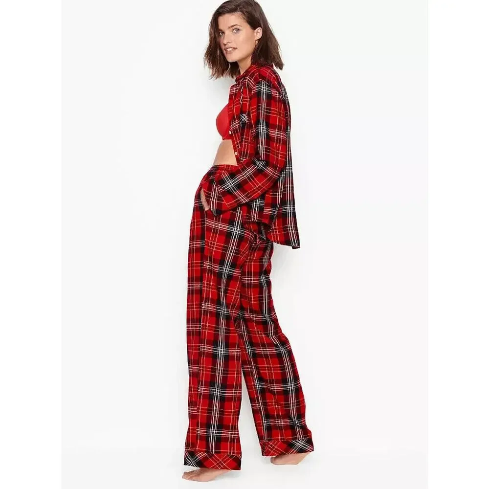 Victoria's Secret Shimmer Flannel Long Sleeve Shirt Pants Plaid Pajama Set Large - Picture 1 of 16
